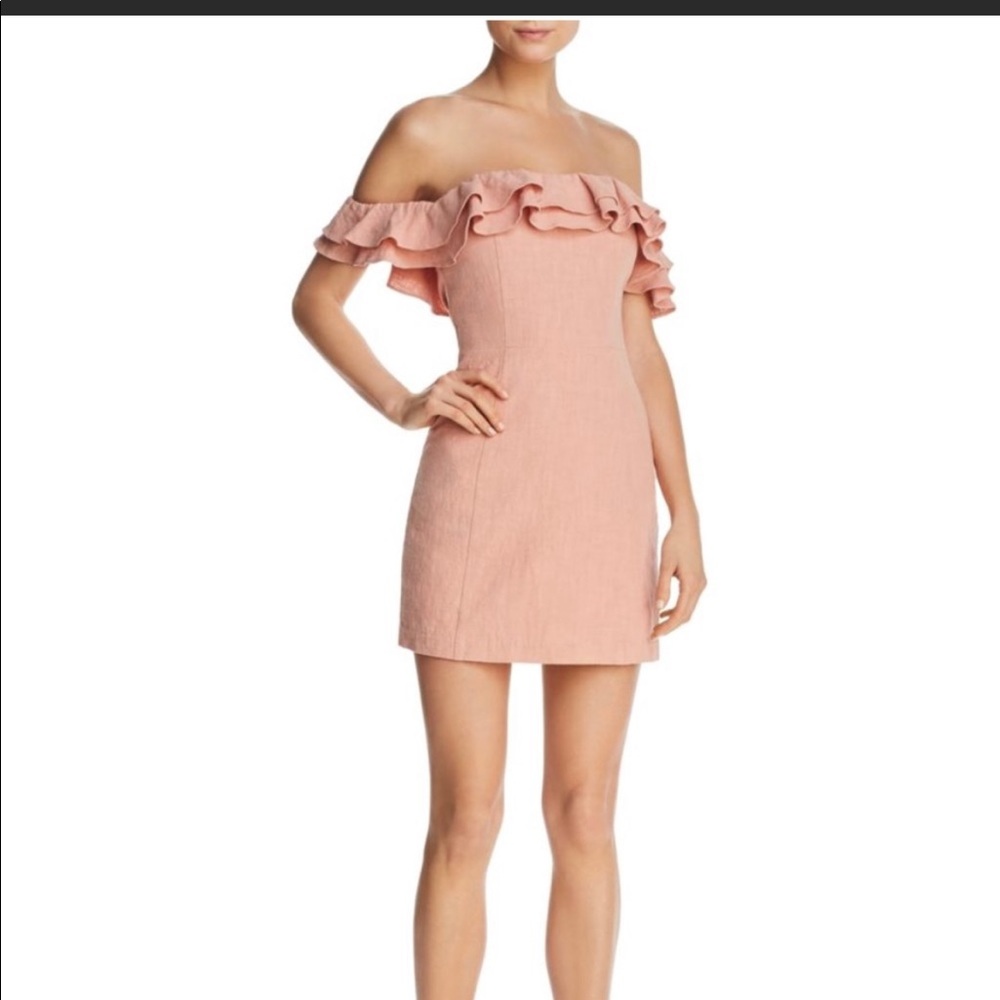 Saylor off the shoulder pink linen mini dress 😍